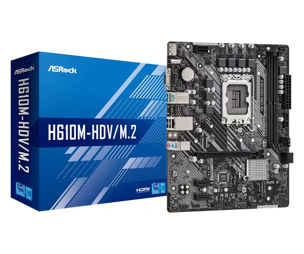 Mainboard ASROCK Intel H610 LGA1700 MicroATX Memory DDR4 Memory slots 2 2xPCI-Express 3.0 1x 1xPCI-Express 4.0 16x 1xM.2 1x15pin D-sub 1xHDMI 1xDisplayPort 2xAudio-In 1xAudio-Out 2xUSB 2.0 2xUSB 3.2 1xPS 2 1xRJ45 H610M-HDV M.2