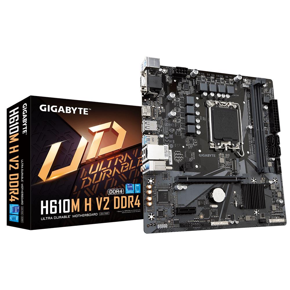 Mainboard GIGABYTE Intel H610 LGA1700 Micro-ATX Memory DDR4 Memory slots 2 1xPCI-Express 3.0 1x 1xPCI-Express 4.0 16x 1xM.2 1x15pin D-sub 1xHDMI 4xUSB 2.0 2xUSB 3.2 2xPS 2 1xRJ45 3xAudio port H610MHV2DDR4