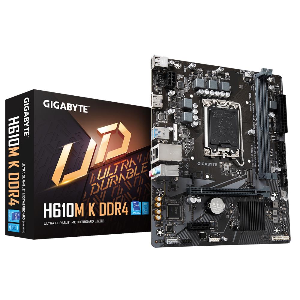 Mainboard GIGABYTE Intel H610 LGA1700 Micro-ATX Memory DDR4 Memory slots 2 1xPCI-Express 3 0 1x 1xPCI-Express 4 0 16x 1xM 2 1xHDMI 4xUSB 2 0 2xUSB 3 2 1xRJ45 3xAudio port H610MKDDR4