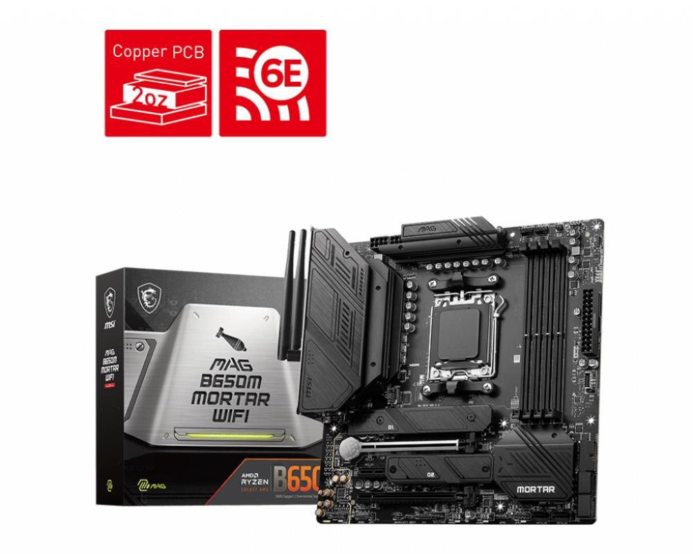 Mainboard MSI AMD B650 SAM5 MicroATX Memory DDR5 Memory slots 4 1xPCI-Express 3.0 1x 2xPCI-Express 4.0 16x 2xM.2 1xHDMI 1xDisplayPort 7xUSB 3.2 1xUSB-C 1xOptical S PDIF 1xRJ45 5xAudio port MAGB650MMORTARWIFI
