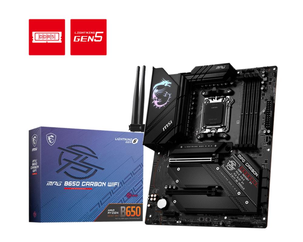 Mainboard MSI AMD B650 SAM5 ATX Memory DDR5 Memory slots 4 1xPCI-Express 1x 2xPCI-Express 16x 4xM.2 1xHDMI 1xDisplayPort 2xUSB 2.0 7xUSB 3.2 1xUSB-C 1xOptical S PDIF 1xRJ45 5xAudio port MPGB650CARBONWIFI