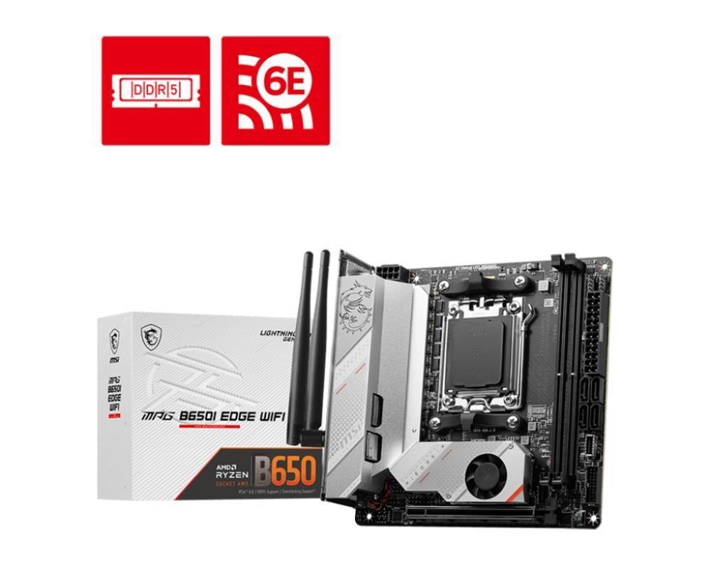 Mainboard MSI AMD B650 SAM5 Mini-ITX Memory DDR5 Memory slots 2 1xPCI-Express 16x 2xM.2 1xHDMI 5xUSB 3.2 1xUSB-C 1xRJ45 3xAudio port MPGB650IEDGEWIFI