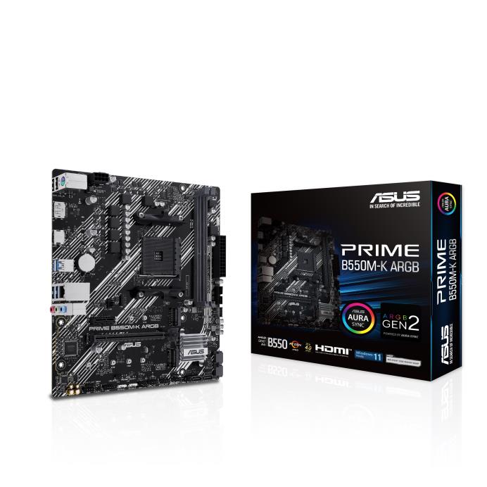Mainboard ASUS AMD B550 SAM4 Micro-ATX Memory DDR4 Memory slots 2 1xPCI-Express 3 0 1x 1xPCI-Express 3 0 16x 1xPCI-Express 4 0 16x 1xM 2 1xHDMI 1xDisplayPort 1xAudio-In 1xAudio-Out 1xMicrophone 2xUSB 2 0 4xUSB 3 2 1xPS 2 1xRJ45 PRIMEB550M-KARGB