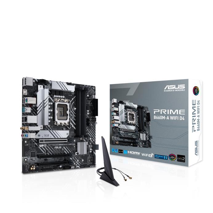 Mainboard ASUS Intel B660 LGA1700 MicroATX Memory DDR4 Memory slots 4 1xPCI-Express 3.0 1x 1xPCI-Express 3.0 4x 1xPCI-Express 4.0 16x 2xM.2 2xHDMI 1xDisplayPort 2xAudio-In 1xAudio-Out 4xUSB 2.0 2xUSB 3.2 1xPS 2 1xRJ45 PRIMEB660M-AWIFID4