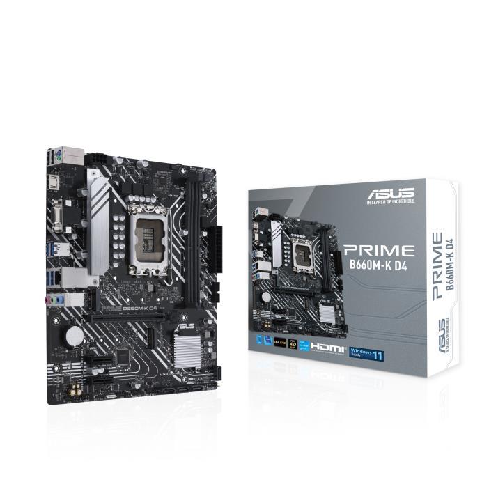 Mainboard ASUS Intel B660 LGA1700 MicroATX Memory DDR4 Memory slots 2 2xPCI-Express 3.0 1x 1xPCI-Express 4.0 16x 2xM.2 1x15pin D-sub 1xHDMI 2xAudio-In 1xAudio-Out 2xUSB 2.0 4xUSB 3.2 1xPS 2 1xRJ45 PRIMEB660M-KD4