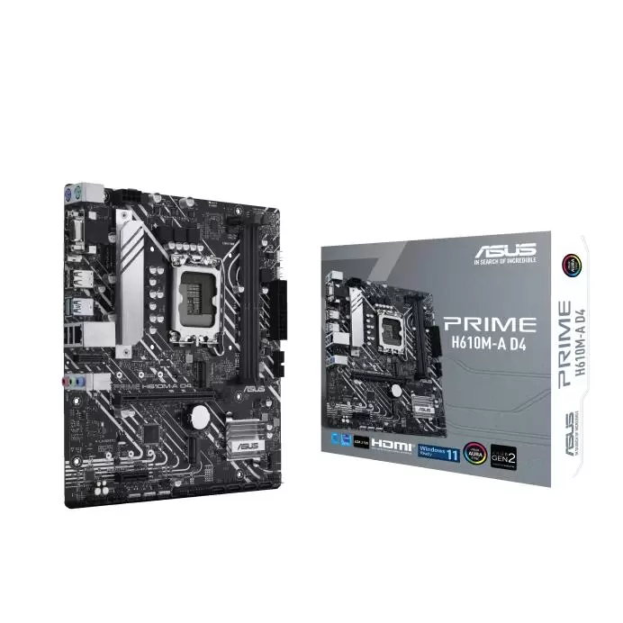 Mainboard ASUS Intel H610 LGA1700 MicroATX Memory DDR4 Memory slots 2 1xPCI-Express 3.0 1x 1xPCI-Express 4.0 16x 2xM.2 1x15pin D-sub 1xHDMI 1xDisplayPort 2xAudio-In 1xAudio-Out 4xUSB 2.0 2xUSB 3.2 2xPS 2 1xRJ45 PRIMEH610M-AD4