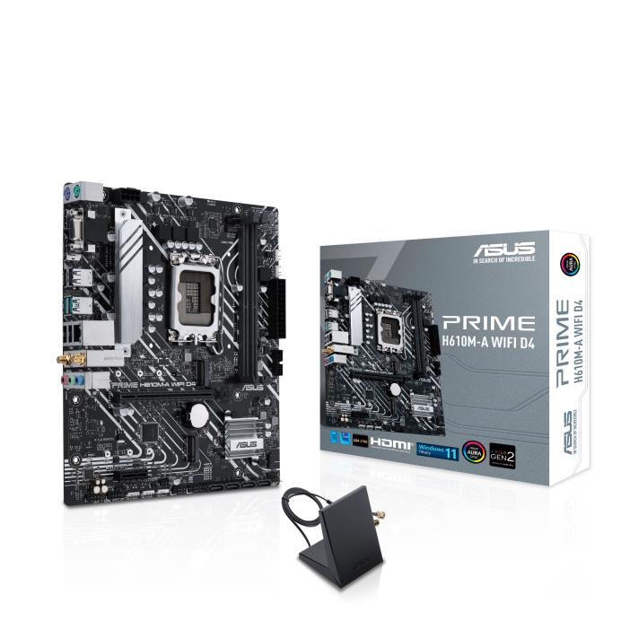Mainboard ASUS Intel H610 LGA1700 Micro-ATX Memory DDR4 Memory slots 2 1xPCI-Express 3.0 1x 1xPCI-Express 4.0 16x 2xM.2 1x15pin D-sub 1xHDMI 1xDisplayPort 4xUSB 2.0 2xUSB 3.2 2xPS 2 1xRJ45 3xAudio port PRIMEH610M-AWIFID4