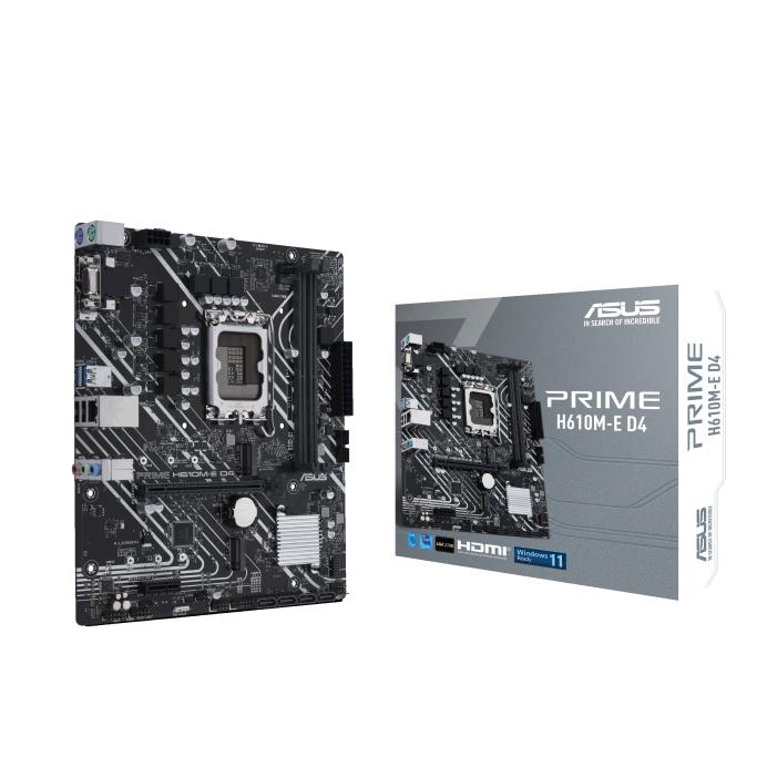 Mainboard ASUS Intel H610 LGA1700 MicroATX Memory DDR4 Memory slots 2 1xPCI-Express 3.0 1x 1xPCI-Express 4.0 16x 2xM.2 1x15pin D-sub 1xHDMI 1xDisplayPort 2xAudio-In 1xAudio-Out 2xUSB 2.0 2xUSB 3.2 2xPS 2 1xRJ45 PRIMEH610M-ED4
