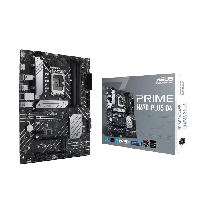 Mainboard ASUS Intel H670 LGA1700 ATX Memory DDR4 Memory slots 4 2xPCI-Express 3.0 1x 1xPCI-Express 4.0 4x	 1xPCI-Express 4.0 16x 3xM.2 1xHDMI 1xDisplayPort 2xAudio-In 1xAudio-Out 5xUSB 3.2 1xUSB type C 1xRJ45 PRIMEH670-PLUSD4