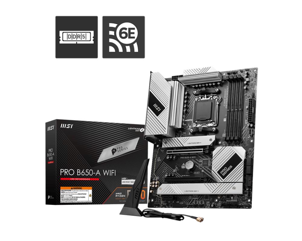 Mainboard MSI AMD B650 SAM5 ATX Memory DDR5 Memory slots 4 1xPCI-Express 3 0 1x 1xPCI-Express 4 0 2x 1xPCI-Express 4 0 16x 3xM 2 1xHDMI 1xDisplayPort 2xUSB 2 0 7xUSB 3 2 1xUSB-C 1xOptical S PDIF 1xRJ45 3xAudio port PROB650-AWIFI