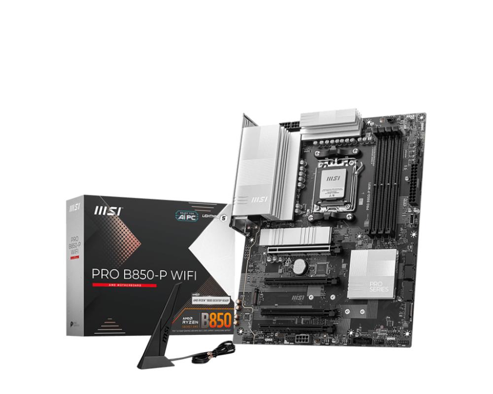 Mainboard MSI AMD B850 SAM5 ATX Memory DDR5 Memory slots 4 4xPCI-Express 16x 3xM 2 1xHDMI 1xAudio-In 1xAudio-Out 4xUSB 2 0 2xUSB 3 2 2xUSB-C 1xOptical S PDIF 1xRJ45 PROB850-PWIFI