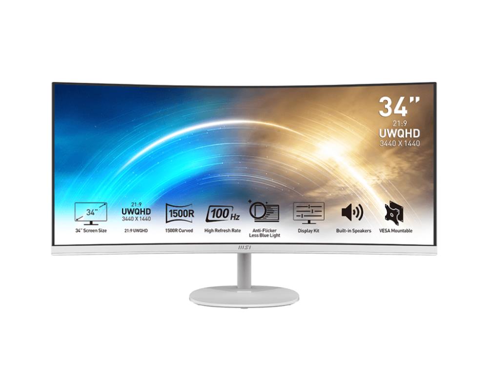 LCD Monitor MSI PRO MP341CQW 34   Business Curved 21   9 Panel VA 3440x1440 21 9 100Hz Matte 4 ms Speakers Tilt Colour White PROMP341CQW