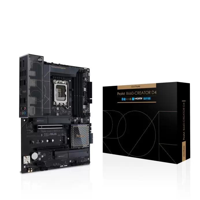 Mainboard ASUS Intel B660 LGA1700 ATX Memory DDR4 Memory slots 4 1xPCI-Express 3.0 1x 1xPCI-Express 3.0 4x 1xPCI-Express 5.0 16x 3xM.2 1xHDMI 1xDisplayPort 2xAudio-In 3xAudio-Out 4xUSB 2.0 4xUSB 3.2 1xUSB type C 1xOptical S PDIF 2xRJ45 PROARTB660-CREATORD4