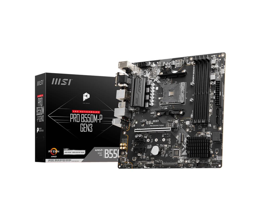 Mainboard MSI AMD B550 SAM4 MicroATX Memory DDR4 Memory slots 4 2xPCI-Express 3.0 1x 1xPCI-Express 3.0 16x 1xM.2 1x15pin D-sub 1xDVI-D 1xHDMI 2xAV-In 1xAV-out 4xUSB 2.0 2xUSB 3.2 1xPS 2 1xRJ45 PROB550M-PGEN3