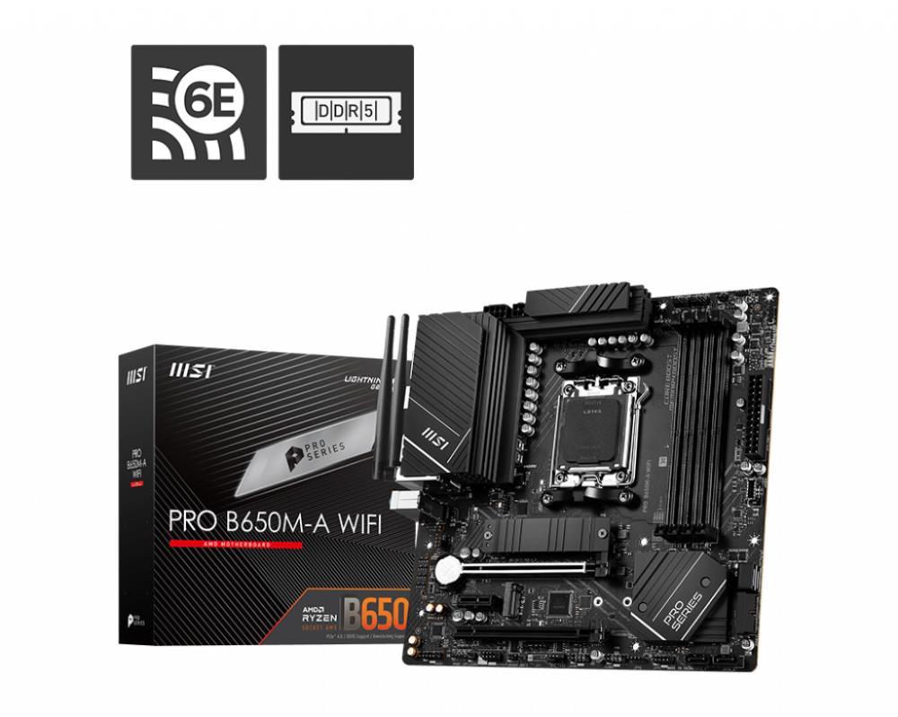 Mainboard MSI AMD B650 SAM5 MicroATX Memory DDR5 Memory slots 4 1xPCI-Express 3 0 1x 2xPCI-Express 4 0 16x 2xM 2 1xHDMI 1xDisplayPort 8xUSB 3 2 1xRJ45 3xAudio port PROB650M-AWIFI