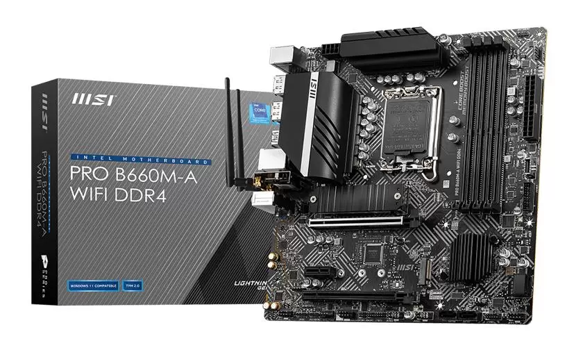 Mainboard MSI Intel B660 LGA1700 MicroATX Memory DDR4 Memory slots 4 1xPCI-Express 3.0 1x 1xPCI-Express 3.0 4x 1xPCI-Express 4.0 16x 2xM.2 2xHDMI 2xDisplayPort 2xAudio-In 1xAudio-Out 2xUSB 2.0 2xUSB 3.2 1xPS 2 1xRJ45 2xRF-Out PROB660M-AWIFIDDR4