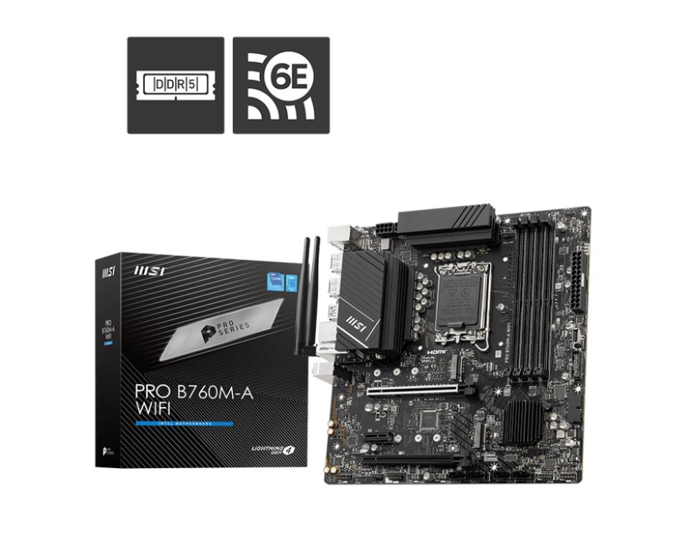 Mainboard MSI Intel B760 Express LGA1700 Micro-ATX Memory DDR5 Memory slots 4 1xPCI-Express 1x 2xPCI-Express 16x 2xM 2 2xHDMI 2xDisplayPort 2xUSB 2 0 4xUSB 3 2 1xPS 2 1xRJ45 3xAudio port PROB760M-AWIFI
