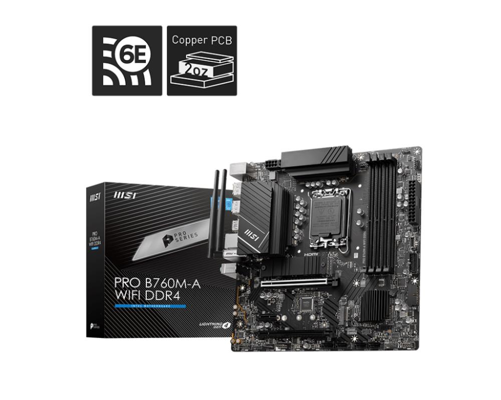 Mainboard MSI Intel B760 Express LGA1700 Micro-ATX Memory DDR4 Memory slots 4 1xPCI-Express 1x 2xPCI-Express 16x 2xM.2 2xHDMI 2xDisplayPort 2xUSB 2.0 4xUSB 3.2 1xPS 2 1xRJ45 3xAudio port PROB760M-AWIFIDDR4