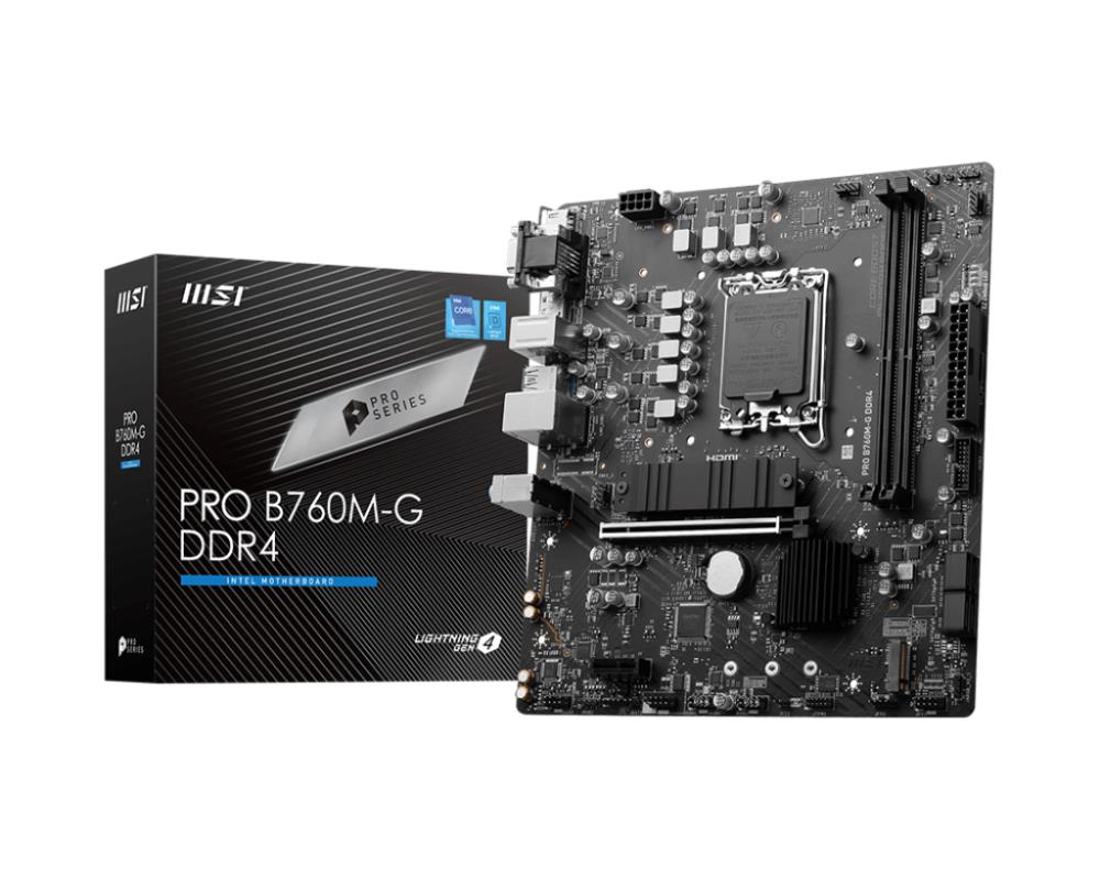 Mainboard MSI Intel B760 Express LGA1700 Micro-ATX Memory DDR4 Memory slots 2 1xPCI-Express 1x 1xPCI-Express 16x 2xM.2 1x15pin D-sub 1xHDMI 1xDisplayPort 2xUSB 2.0 4xUSB 3.2 1xPS 2 1xRJ45 3xAudio port PROB760M-GDDR4