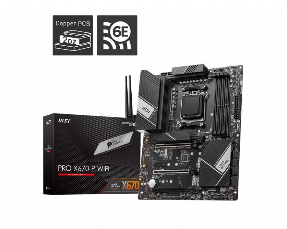 Mainboard MSI AMD X670 SAM5 ATX Memory DDR5 Memory slots 4 1xPCI-Express 1x 3xPCI-Express 16x 4xM.2 1xHDMI 1xDisplayPort 5xUSB 3.2 1xUSB-C 1xOptical S PDIF 1xRJ45 5xAudio port PROX670-PWIFI