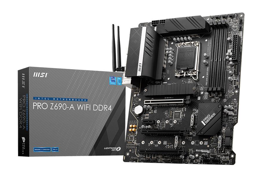 Mainboard MSI Intel Z690 Express LGA1700 ATX Memory DDR4 Memory slots 4 2xPCI-Express 3.0 1x 1xPCI-Express 3.0 4x 1xPCI-Express 5.0 16x 4xM.2 1xHDMI 1xDisplayPort 2xAudio-In 4xAudio-Out 4xUSB 2.0 3xUSB 3.2 1xUSB type C 1xPS 2 1xRJ45 2xRF-Out PROZ690-AWIFIDDR4
