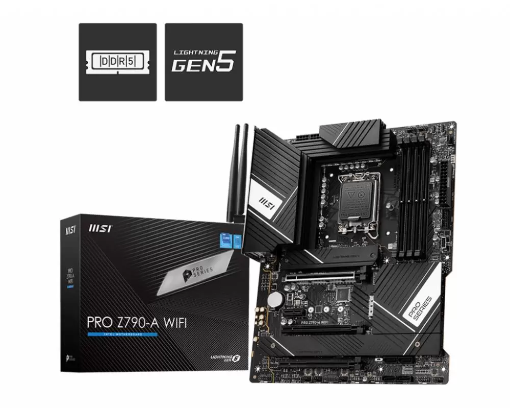 Mainboard MSI Intel Z790 LGA1700 ATX Memory DDR5 Memory slots 4 1xPCI-Express 3.0 1x 3xPCI-Express 5.0 16x 4xM.2 1xHDMI 1xDisplayPort 2xUSB 2.0 5xUSB 3.2 1xUSB-C 1xOptical S PDIF 1xRJ45 5xAudio port PROZ790-AWIFI