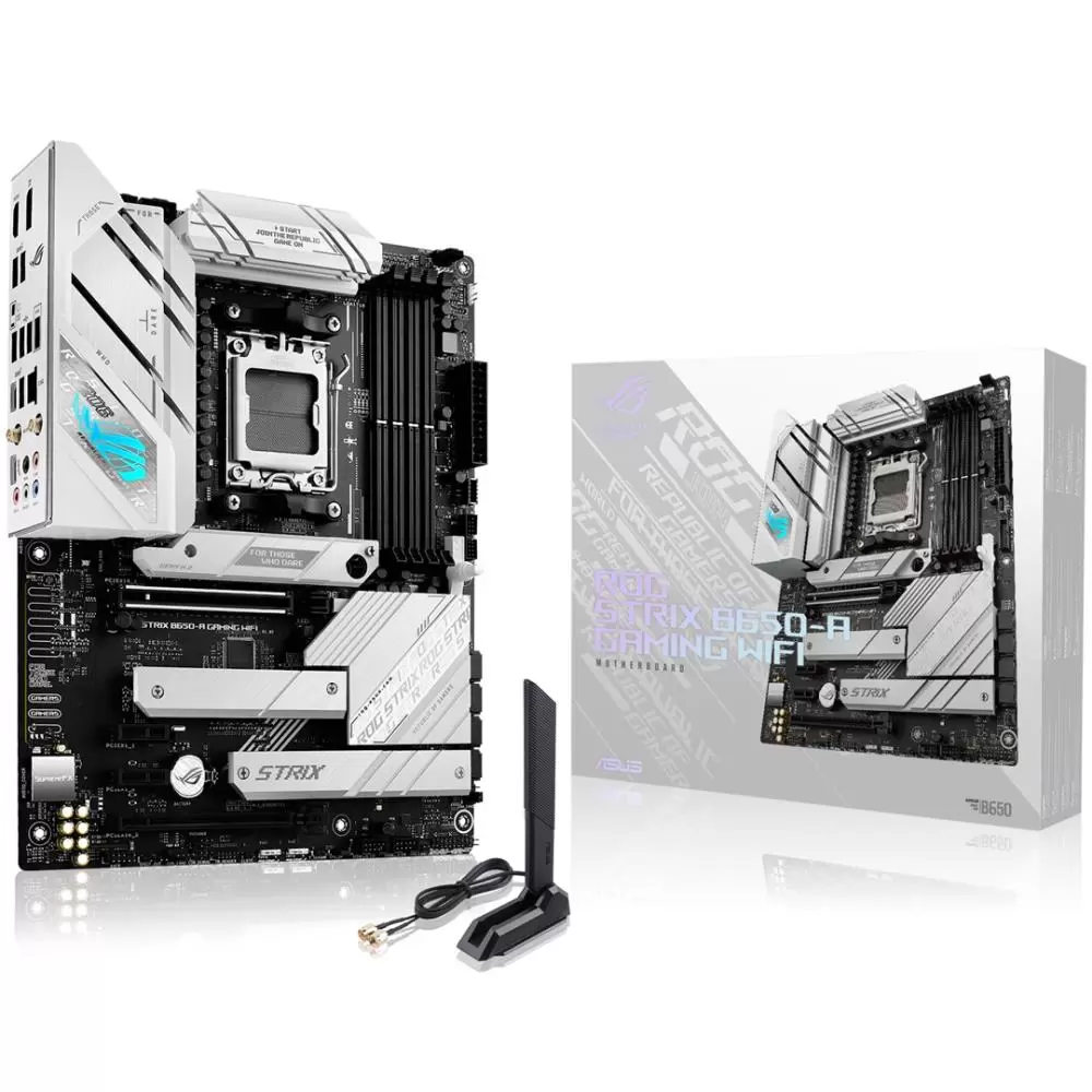 Mainboard ASUS AMD B650 SAM5 ATX Memory DDR5 Memory slots 4 2xPCI-Express 4 0 1x 1xPCI-Express 4 0 16x 3xM 2 1xHDMI 1xDisplayPort 4xUSB 2 0 3xUSB 3 2 2xUSB-C 1xRJ45 5xAudio port ROGSTRIXB650-AGAMWIFI