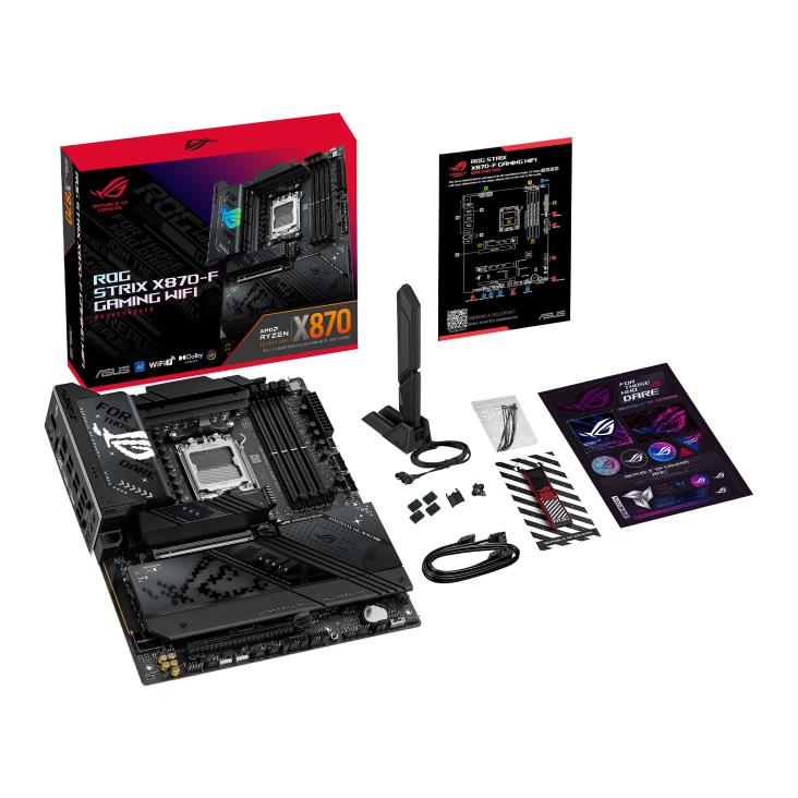 Mainboard ASUS AMD X870 SAM5 ATX Memory DDR5 Memory slots 4 1xPCI-Express 4 0 16x 1xPCI-Express 5 0 16x 4xM 2 1xHDMI 1xDisplayPort 1xAudio-In 1xAudio-Out 5xUSB 3 2 1xUSB-C 2xUSB4 1xRJ45 ROGSTRIXX870-FGAMWIFI