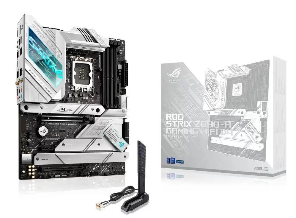 Mainboard ASUS Intel Z690 Express LGA1700 ATX Memory DDR5 Memory slots 4 1xPCI-Express 3.0 1x 1xPCI-Express 3.0 4x 1xPCI-Express 5.0 16x 4xM.2 1xHDMI 1xDisplayPort 2xAudio-In 3xAudio-Out 2xUSB 2.0 6xUSB 3.2 2xUSB-C 1xRJ45 2xRF-Out ROGSTRIXZ690-AGAMWIFI