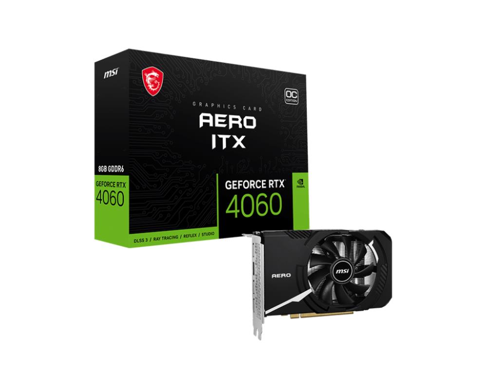 Graphics Card MSI NVIDIA GeForce RTX 4060 8 GB GDDR6 128 bit PCIE 4 0 8x GPU 2505 MHz Single Slot Fansink 1xHDMI 3xDisplayPort RTX4060AEROITX8GOC