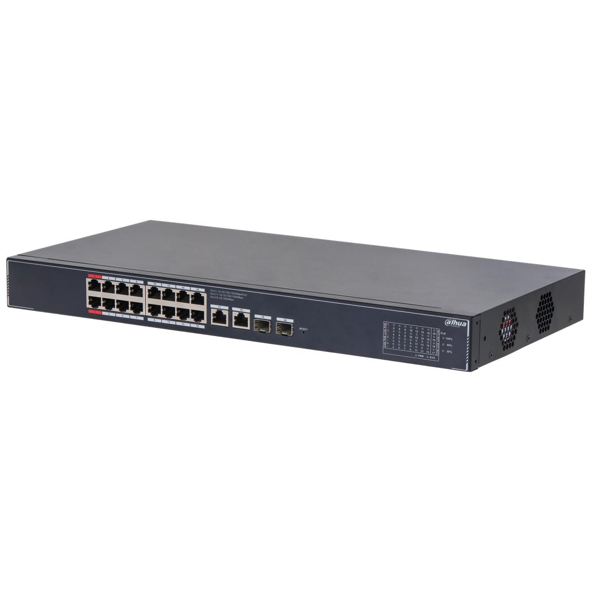 Switch DAHUA DH-SG4020LP Switch layer L2 16xRJ-45 ports RJ-45 Ports Type Gigabit Ethernet  10 100 1000  2xGigabit Ethernet  copper  ports quantity 2xSFP module slots quantity 16xPower over Ethernet  PoE  ports quantity Total Power over Ethernet  PoE  budget 190 W SG4020LP