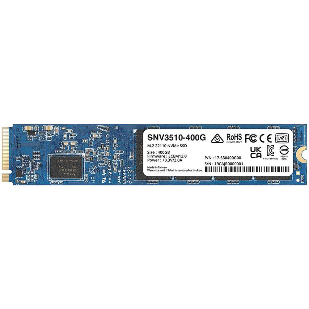 SSD SYNOLOGY 400GB M 2 PCIE NVMe Write speed 750 MBytes sec Read speed 3000 MBytes sec TBW 491 TB MTBF 1800000 hours SNV3510-400G