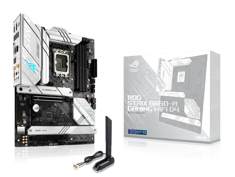 Mainboard ASUS Intel B660 LGA1700 ATX Memory DDR4 Memory slots 4 2xPCI-Express 3.0 1x 1xPCI-Express 3.0 4x 1xPCI-Express 5.0 16x 3xM.2 1xHDMI 1xDisplayPort 2xAudio-In 3xAudio-Out 4xUSB 2.0 4xUSB 3.2 1xUSB-C 1xRJ45 2xRF-Out STRIXB660-AGAMWIFID4
