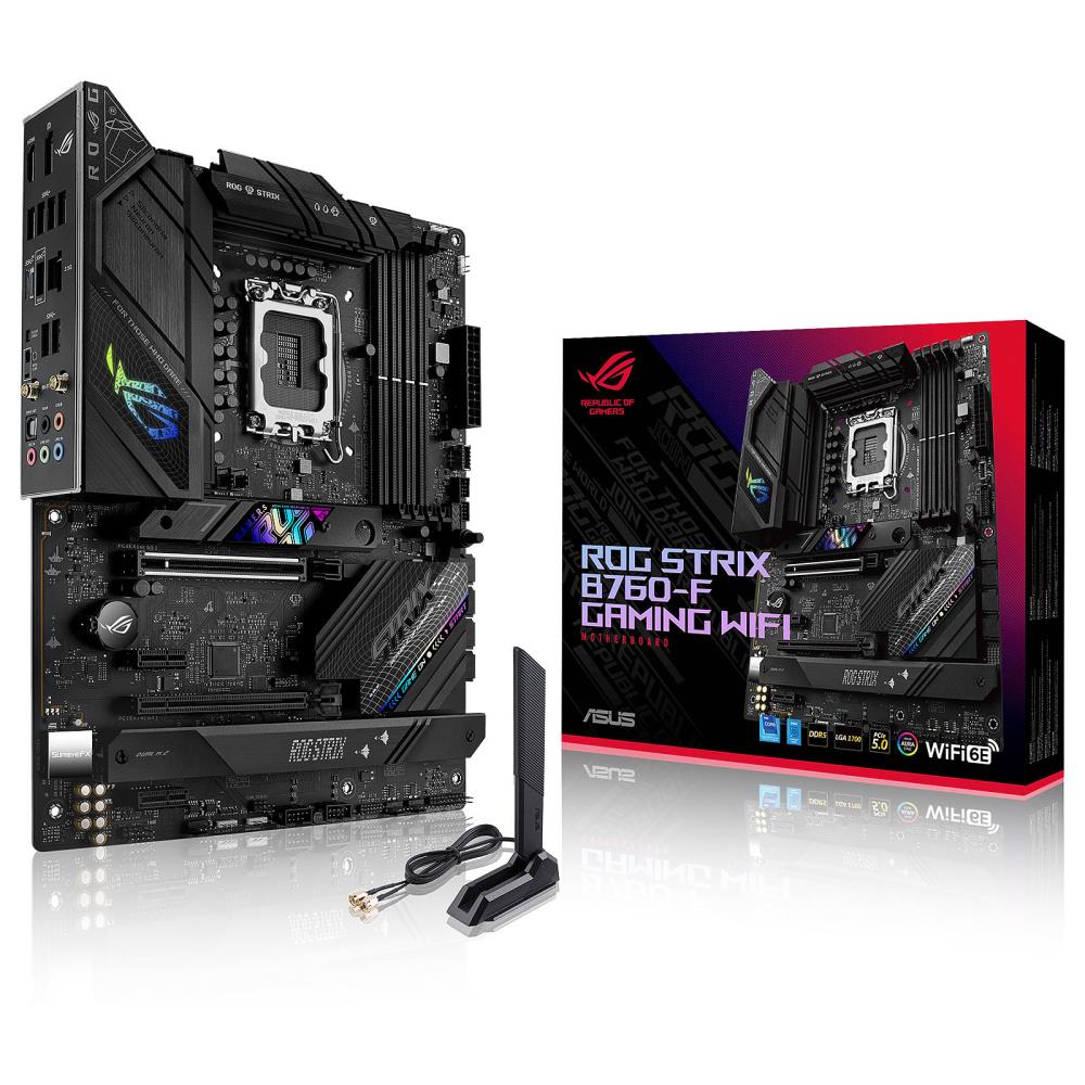 Mainboard ASUS Intel B760 Express LGA1700 ATX Memory DDR5 Memory slots 4 2xPCI-Express 3.0 1x 1xPCI-Express 3.0 16x 1xPCI-Express 5.0 16x 3xM.2 1xHDMI 1xDisplayPort 7xUSB 3.2 1xUSB-C 1xOptical S PDIF 1xRJ45 5xAudio port STRIXB760-FGAMINGWIF