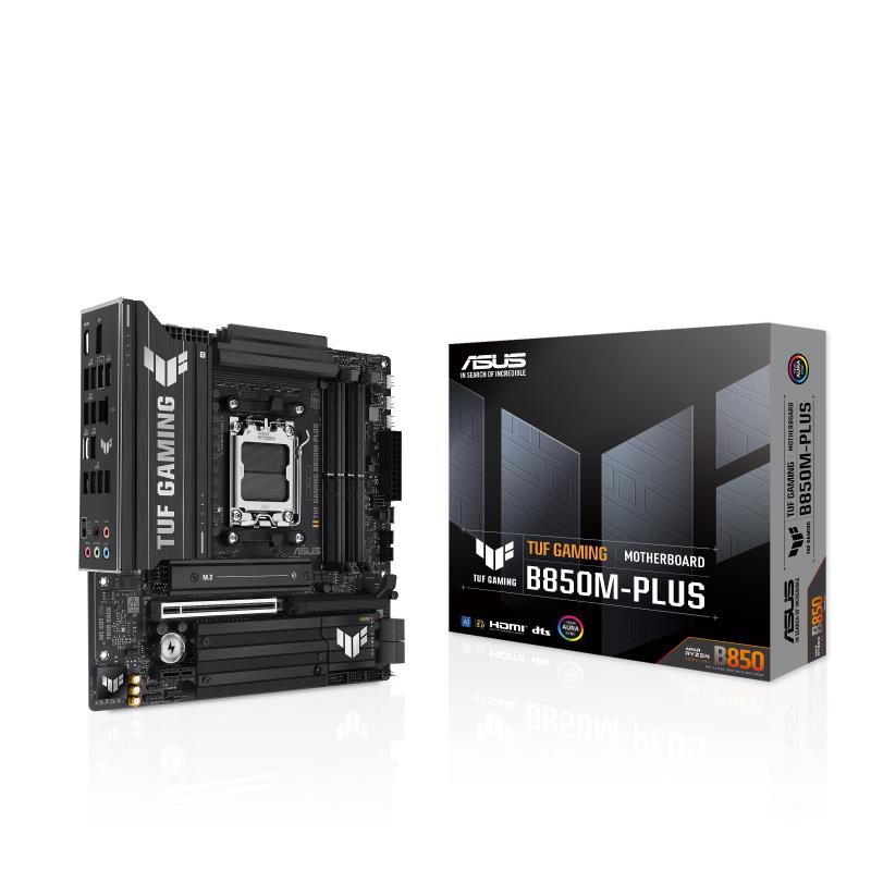 Mainboard ASUS AMD B850 SAM5 Micro-ATX Memory DDR5 Memory slots 4 1xPCI-Express 4 0 1x 1xPCI-Express 4 0 16x 1xPCI-Express 5 0 16x 3xM 2 1xHDMI 1xDisplayPort 4xUSB 2 0 4xUSB 3 0 3xUSB 3 2 1xUSB-C 1xRJ45 5xAudio port TUFGAMINGB850M-PLUS