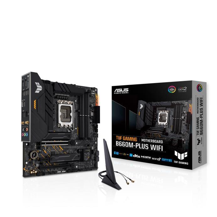 Mainboard ASUS Intel B660 LGA1700 Micro-ATX Memory DDR5 Memory slots 4 1xPCI-Express 3.0 4x 1xPCI-Express 4.0 1x 1xPCI-Express 5.0 16x 2xM.2 1xHDMI 1xDisplayPort 2xAudio-In 3xAudio-Out 2xUSB 2.0 5xUSB 3.2 1xUSB-C 1xOptical S PDIF 1xRJ45 2xRF-Out TUFGAMB660M-PLUSWIFI