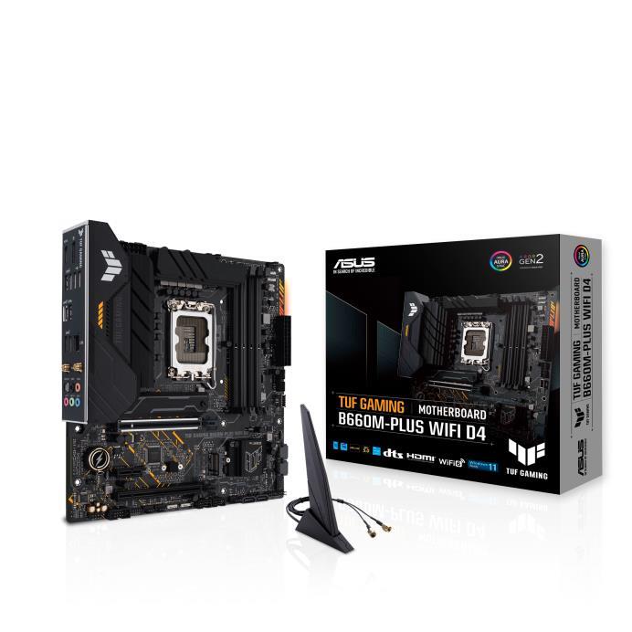 Mainboard ASUS Intel B660 LGA1700 Micro-ATX Memory DDR4 Memory slots 4 1xPCI-Express 3.0 4x 1xPCI-Express 4.0 1x 1xPCI-Express 5.0 16x 2xM.2 1xHDMI 1xDisplayPort 2xAudio-In 3xAudio-Out 2xUSB 2.0 5xUSB 3.2 1xUSB-C 1xOptical S PDIF 1xRJ45 2xRF-Out TUFGAMB660M-PLUSWIFID4