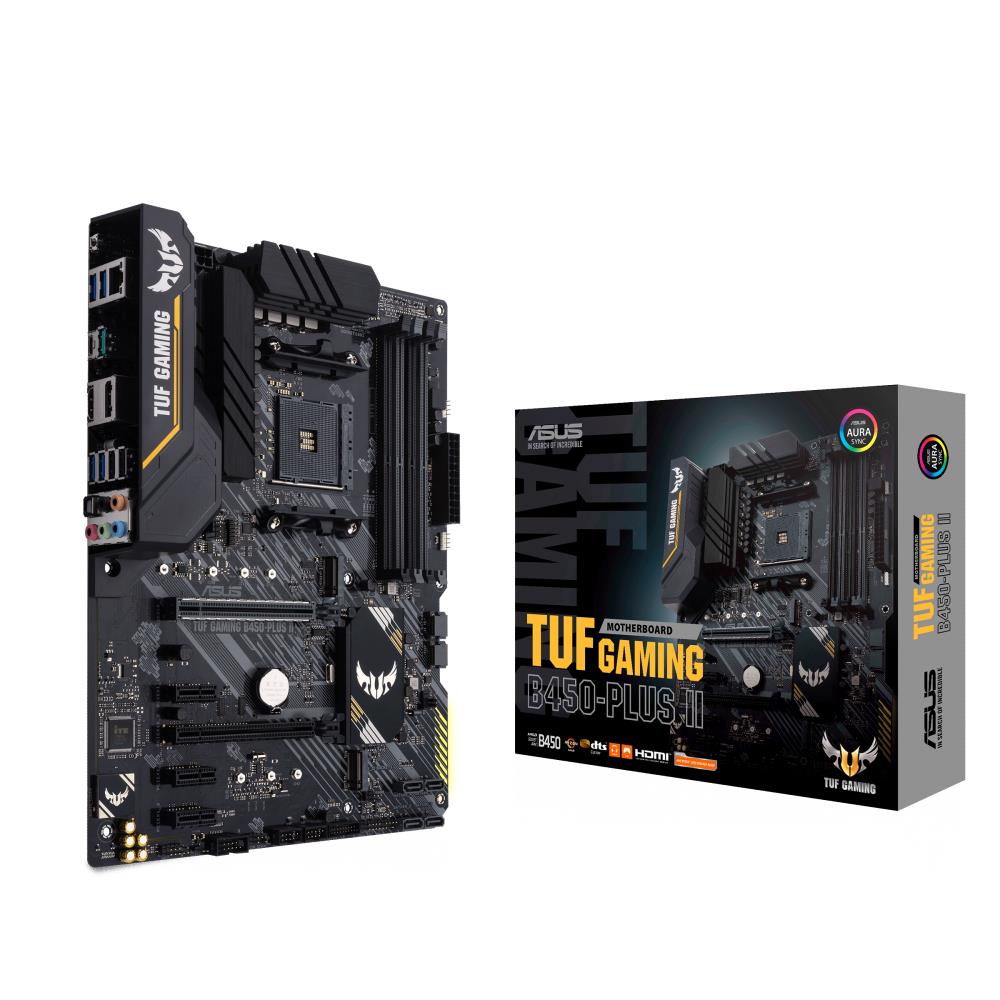 Mainboard ASUS AMD B450 SAM4 ATX 3xPCI-Express 2.0 1x 1xPCI-Express 2.0 4x 1xPCI-Express 3.0 16x 2xM.2 Memory DDR4 Memory slots 4 1xHDMI 1xDisplayPort 2xAudio-In 3xAudio-Out 2xUSB 2.0 1xUSB type C 5xUSB 3.2 1xRJ45 TUFGAMINGB450-PLUSII