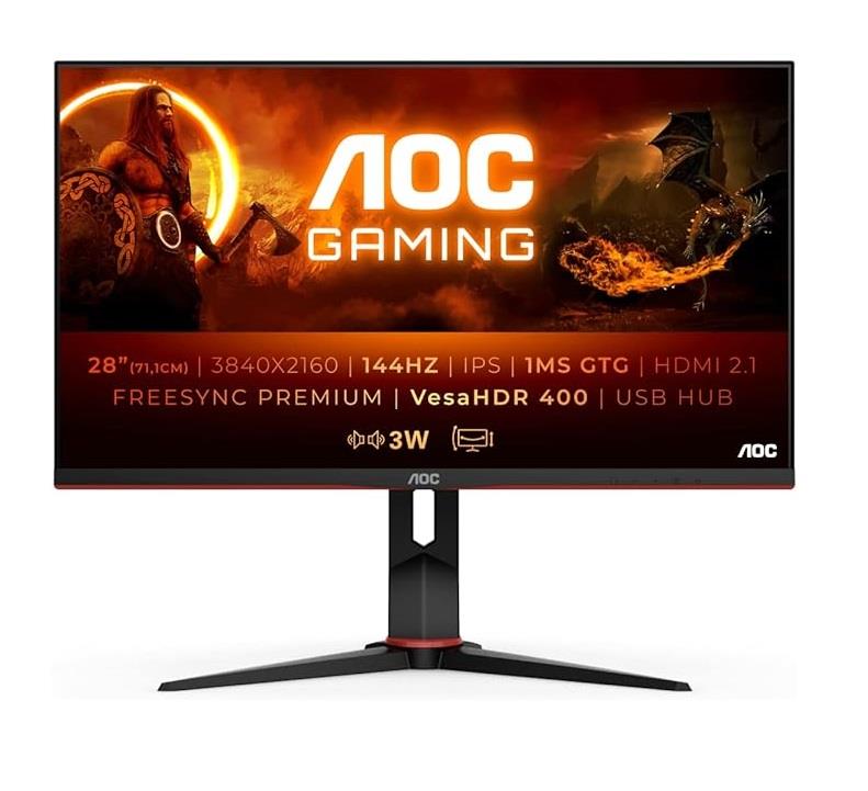 LCD Monitor AOC U28G2XU2 BK 28   Gaming 4K Panel IPS 3840x2160 16 9 144hz Matte 1 ms Speakers Swivel Pivot Height adjustable Tilt Colour Black   Red U28G2XU2 BK