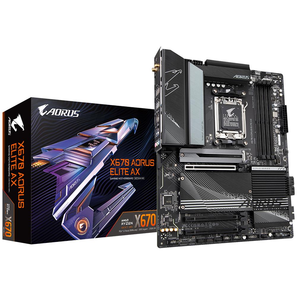 Mainboard GIGABYTE AMD X670 SAM5 ATX Memory DDR5 Memory slots 4 1xPCI-Express 3.0 16x 1xPCI-Express 4.0 16x 2xM.2 1xHDMI 4xUSB 2.0 8xUSB 3.2 1xUSB-C 1xRJ45 3xAudio port X670AORUSELITEAX1.0