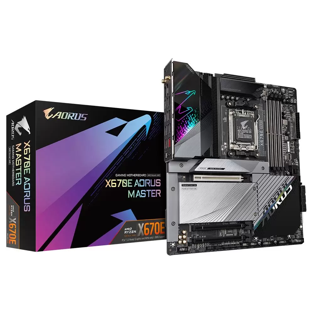 Mainboard GIGABYTE AMD X670 SAM5 EATX Memory DDR5 Memory slots 4 1xPCI-Express 3.0 2x 1xPCI-Express 4.0 4x	 1xPCI-Express 5.0 16x 4xM.2 1xHDMI 1xDisplayPort 1xAudio-In 1xAudio-Out 2xUSB 2.0 4xUSB 3.2 2xUSB-C 1xOptical S PDIF 1xRJ45 2xRF-Out X670EAORUSMASTER