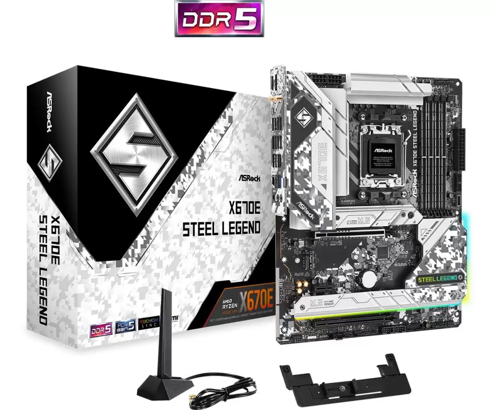 Mainboard ASROCK AMD X670 SAM5 ATX Memory DDR5 Memory slots 4 1xPCI-Express 3.0 1x 1xPCI-Express 3.0 16x 1xPCI-Express 5.0 16x 4xM.2 1xHDMI 1xDisplayPort 1xAudio-Out 1xMicrophone 4xUSB 2.0 7xUSB 3.2 1xUSB-C 1xOptical S PDIF 1xRJ45 X670ESTEELLEGEND
