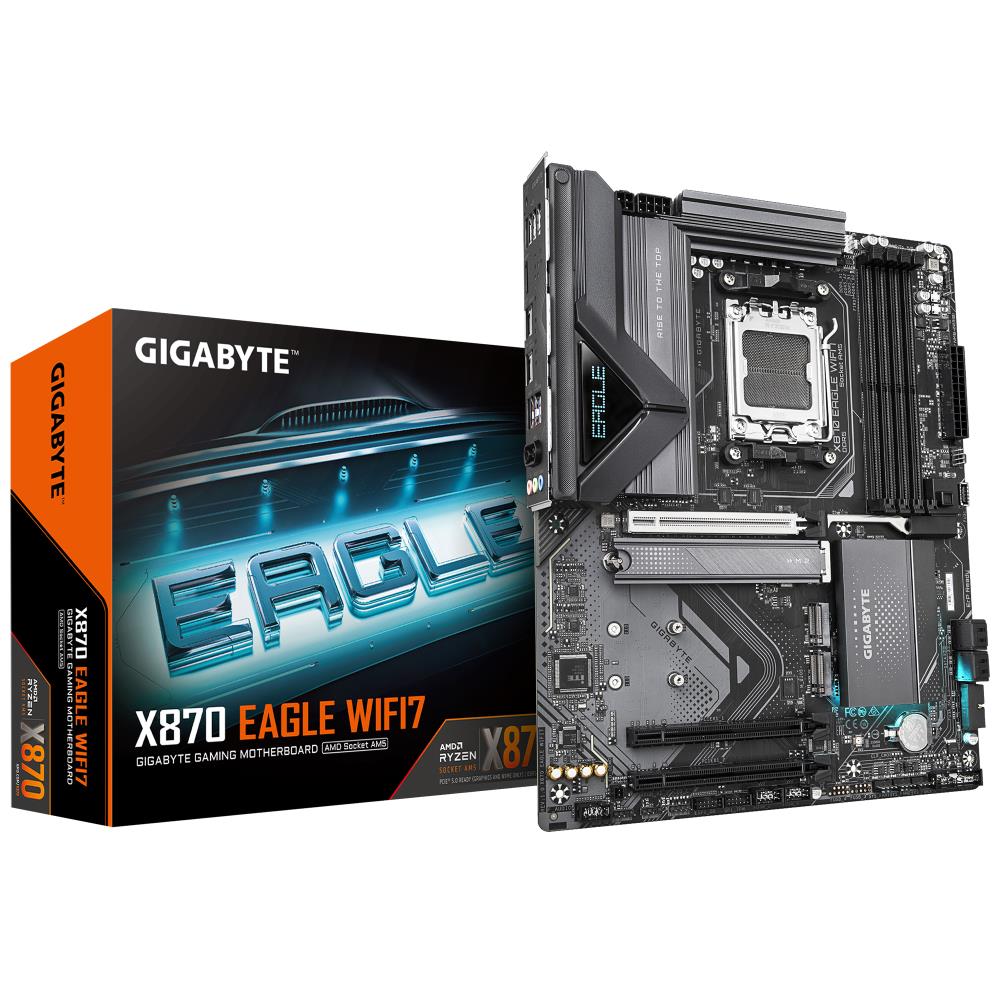 Mainboard GIGABYTE AMD X870 SAM5 ATX Memory DDR5 Memory slots 4 2xPCI-Express 3 0 1x 1xPCI-Express 5 0 16x 3xM 2 1xHDMI 4xUSB 2 0 4xUSB 3 2 2xUSB-C 1xRJ45 3xAudio port X870EAGLEWIFI7