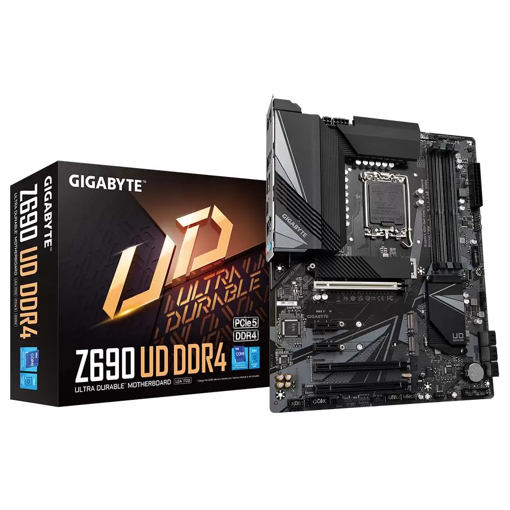 Mainboard GIGABYTE Intel Z690 Express LGA1700 ATX Memory DDR4 Memory slots 4 3xPCI-Express 3.0 1x 1xPCI-Express 3.0 4x 1xPCI-Express 5.0 16x 3xM.2 1xHDMI 1xDisplayPort 2xAudio-In 1xAudio-Out 4xUSB 2.0 5xUSB 3.2 1xUSB type C 1xPS 2 1xRJ45 Z690UDDDR41.1