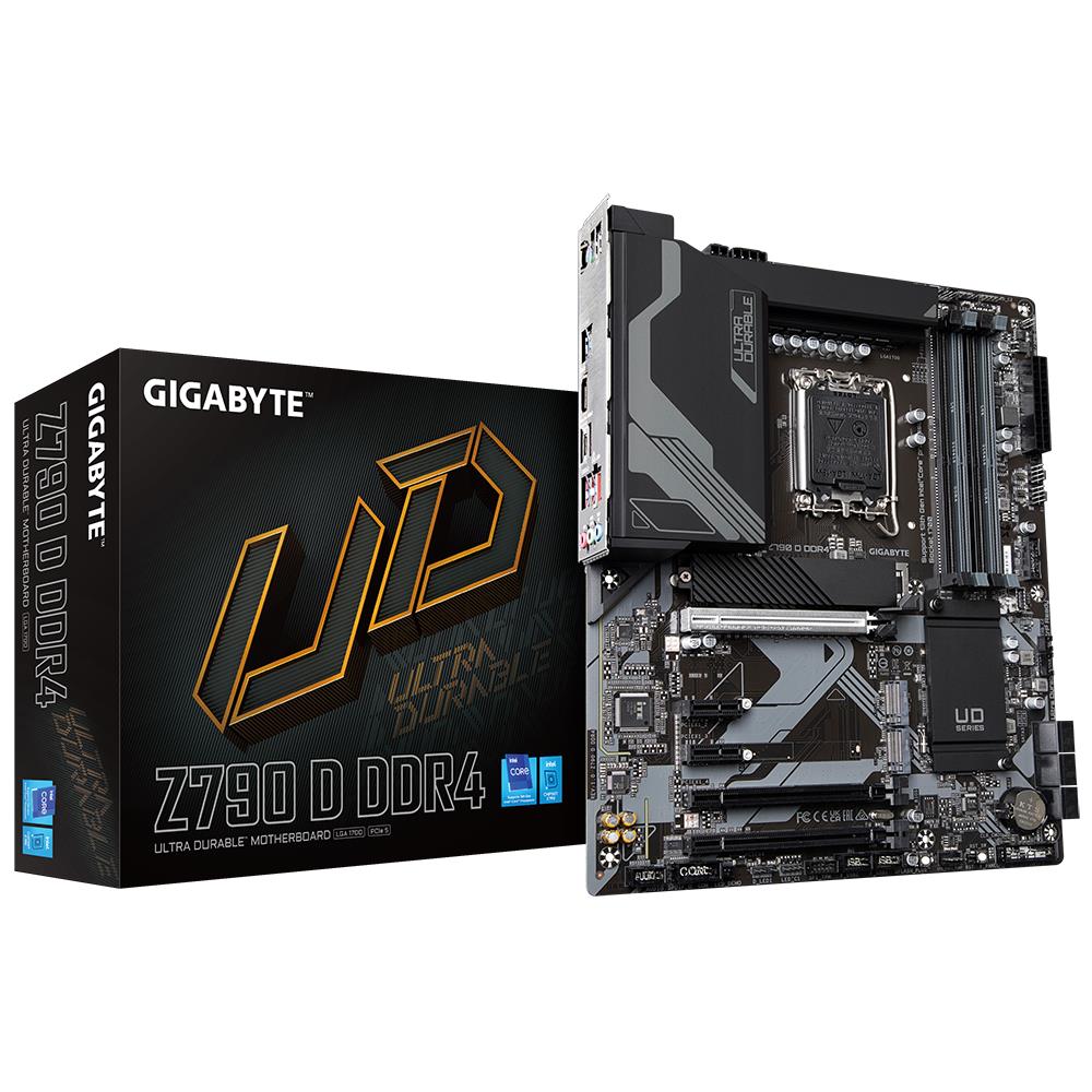 Mainboard GIGABYTE Intel Z790 LGA1700 ATX Memory DDR4 Memory slots 4 2xPCI-Express 3.0 1x 1xPCI-Express 4.0 4x	 1xPCI-Express 5.0 16x 2xM.2 1xHDMI 2xUSB 2.0 5xUSB 3.2 1xUSB-C 1xRJ45 3xAudio port Z790DDDR4